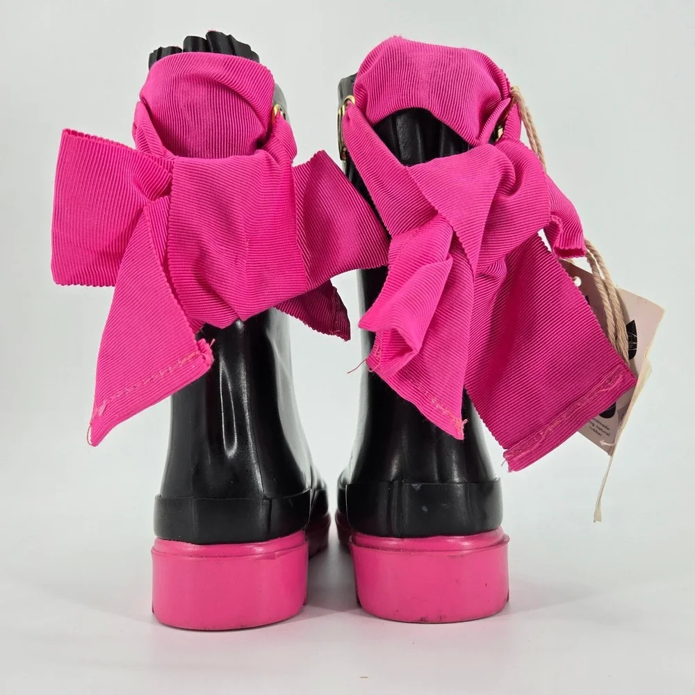 Joules Bow Welly Girls Rain Boots Black Pink Ribbon Waterproof Size US 9 NWT